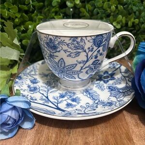 Grace Teaware NWT fine porcelain Blue and White Floral Teacup with Saucer